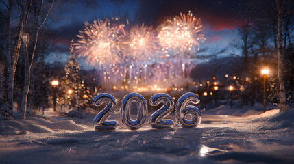 Shiny 2026 numbers in snowy park with colorful fireworks and city bokeh, festive New Year scene symbolizing countdown, resolutions and hopeful new beginnings at midnight