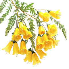 Branch with Yellow Bell- Shaped Flowers and Fern-like Green Leaves bell-shaped cutout png isolated on a transparent background