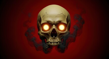Skull with glowing eyes surrounded by smoke against a dark red background art