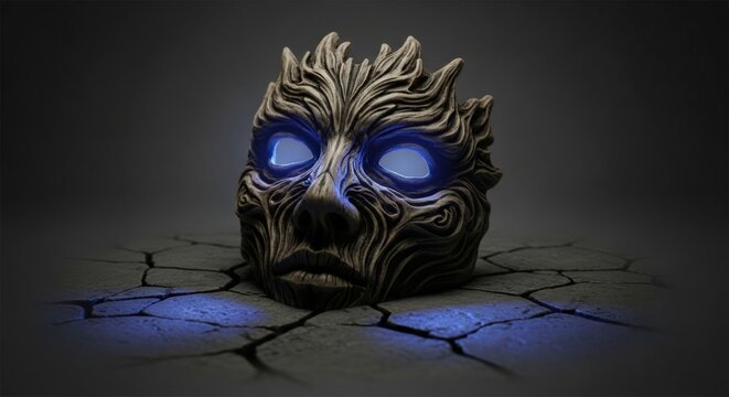 Fantasy mask with glowing blue eyes resting on cracked stone surface in darkness