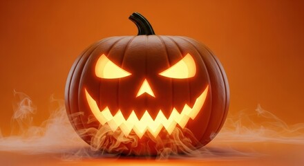 Fototapeta premium Glowing jack o lantern with spooky face and smoke on an orange halloween background