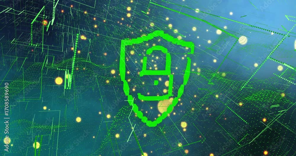 Poster swirling network grid dots forming shield then drawing lock closing before rotating shackle opening