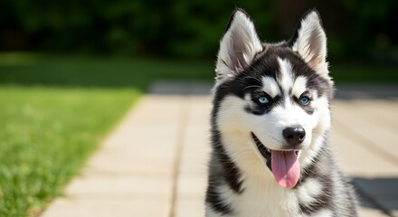 Siberian Husky Puppy with Blue Eyes and Black-and-White Coat Sitting on Paved Surface with Green Grass and Trees in Background
