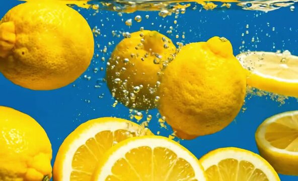 Fresh Yellow Lemons Splashing in Clear Water with Bubbles &ndash; Refreshing Summer Background