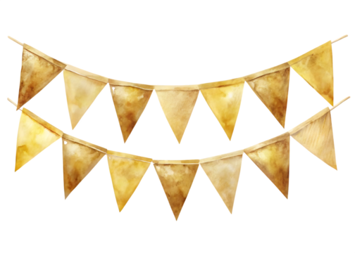 Golden watercolor triangle bunting banner on white background ,PNG. AI Generated.