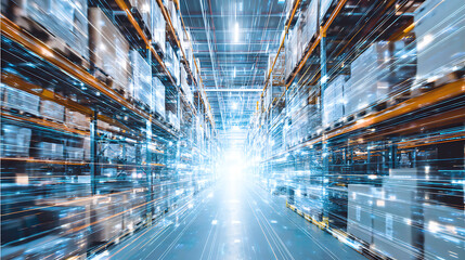 High-tech warehouse interior with automated storage systems and digital data streams