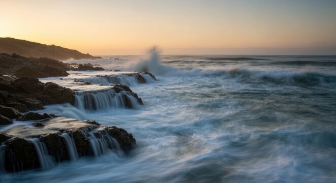 Dramatic coastal sunrise, cascading waves over rocks