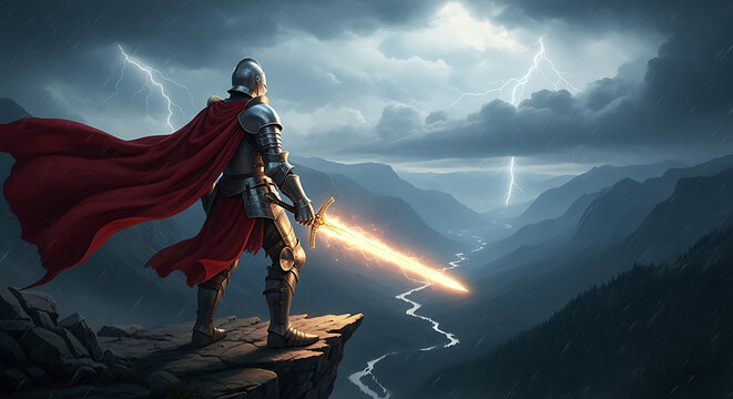 A lone knight in shining armor stands defiantly on a cliff edge, holding a glowing sword aloft amidst a dramatic storm-filled mountain landscape