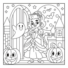 Cheerful princess with ghost in Halloween scene