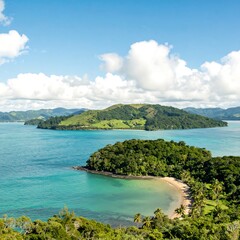 Fototapeta premium Tropical island bay, lush greenery, calm waters, bright sky