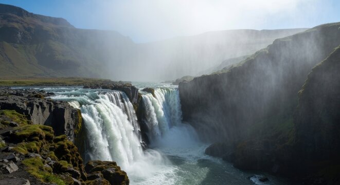 Dramatic waterfall cascading down basalt cliffs in a misty mountain valley