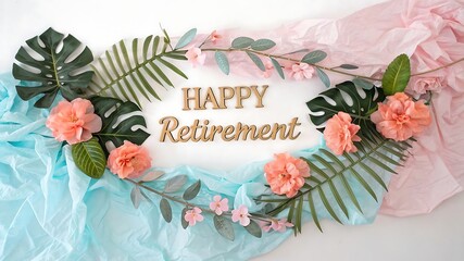 Happy retirement text decorated with flowers and leaves on a pastel background
