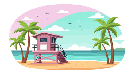 Obraz premium pink lifeguard stand on a beach.