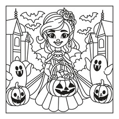 Halloween Coloring Page with Girl and Spooky Elements