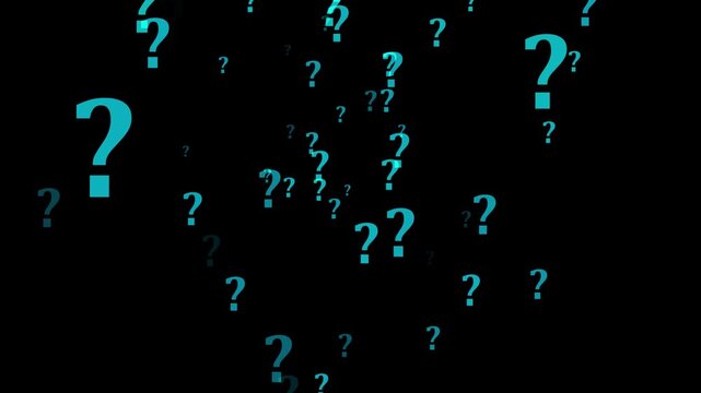 Abstract cyan color question marks flying. Question mark particle element on the black background.