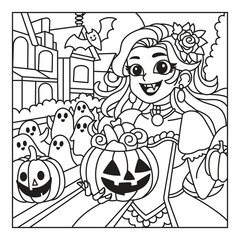 Cheerful girl with pumpkin in Halloween scene