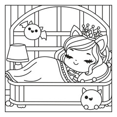 Cute sleeping girl with cat ears and playful creatures