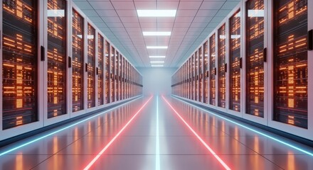 Rows of illuminated servers in a modern data center