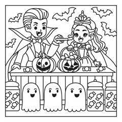 Halloween Coloring Page with Vampire and Princess