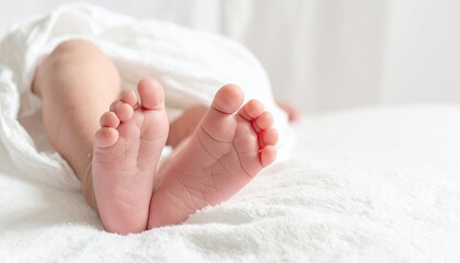 Close up Newborn Baby Feet on Soft White Blanket Details Tiny Toes Delicate Skin Innocence and Purity Under Bright Soft Lighting High Angle View