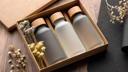 Three frosted glass bottles in a light wooden gift box, nestled amongst dried flowers