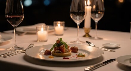 Elegant dining table setting with a gourmet dish