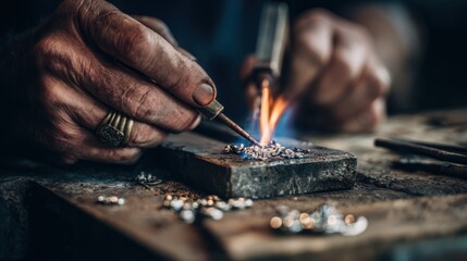 Jeweler's Hands Crafting Silver Detail with Mini Hammer and Flame Torch