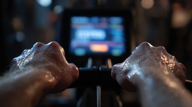 First-Person View of Hands on Rowing Machine with Display and Sweat Drops