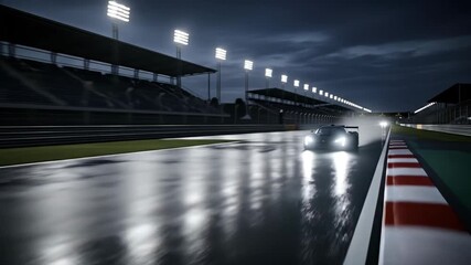 Night Race Car Speeding on Wet Track - A black racing car speeds down a wet racetrack at night, illuminated by track lights. - Powered by Adobe