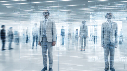 Business professionals in a futuristic digital environment with holographic overlays and transparent data interfaces