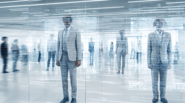 Business professionals in a futuristic digital environment with holographic overlays and transparent data interfaces