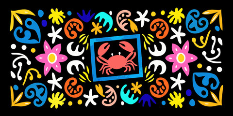 Vibrant abstract summer pattern with a central crab in a blue frame surrounded by colorful floral and marine motifs