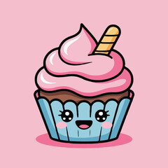 Vector art of a delightful cartoon cupcake with pink frosting, a striped wafer stick, and a cute, smiling face on a soft pink background, creating a sweet and charming illustration for dessert lovers