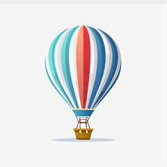 Vibrant striped hot air balloon soaring against a pristine white background for artistic applications