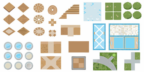 Top down view of architectural elements and landscape design components for a blueprint or plan