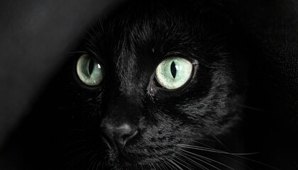 Black cat with striking green eyes with dark background.