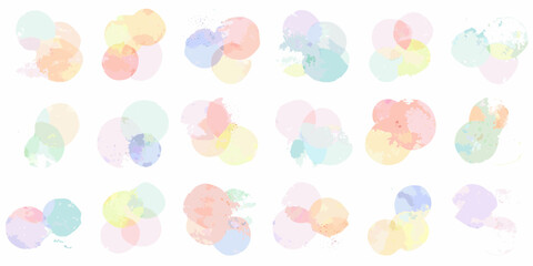 Collection of soft pastel watercolor splashes and overlapping circles on a white background