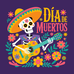 Dia de Muertos greeting, skeleton playing guitar, sombrero and flowers, candle altar, decorative typography, purple festival illustration