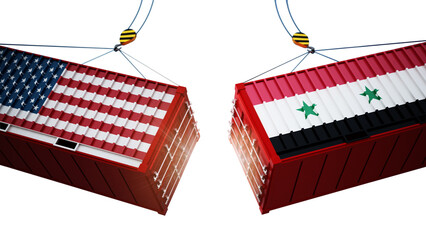 Trade wars concept with American and Chinese flag textured cargo containers clashing on transparent background. 3D illustration