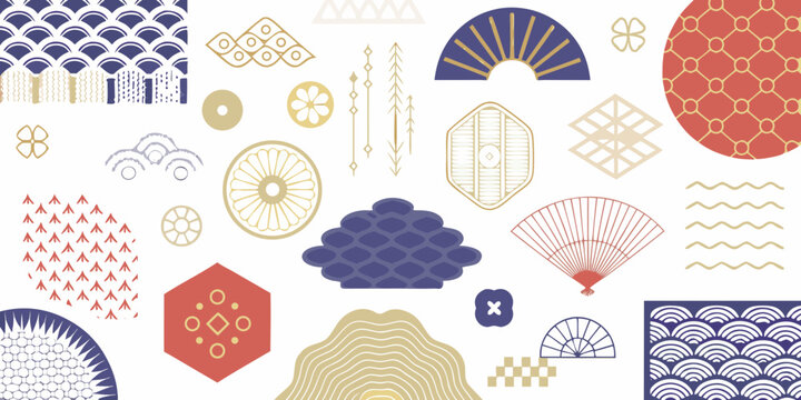 Collection of traditional japanese geometric patterns and motifs in a collage style