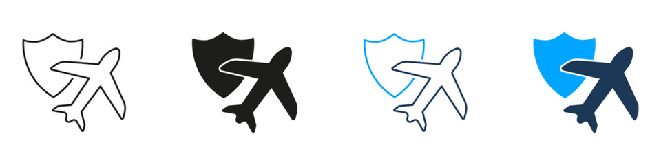 Airplane With Shield Line And Solid Icon Set. Aviation Safety And Travel Insurance Symbol Collection. Flight Protection And Security Assurance. Isolated Vector Illustration