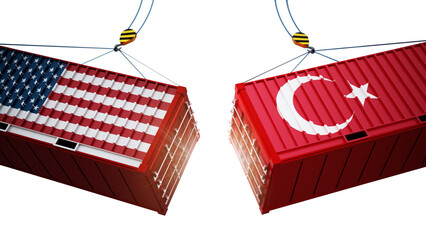 Trade wars concept with American and Chinese flag textured cargo containers clashing on transparent background. 3D illustration