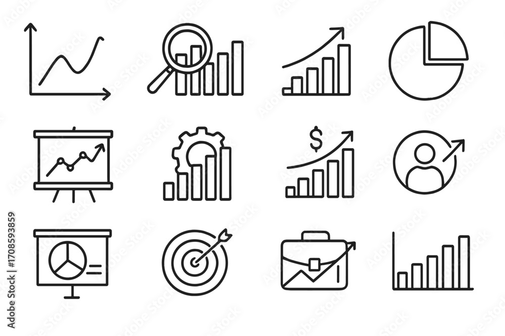 Poster data analytics line icon set. business charts, finance graphs for report and presentation. marketing
