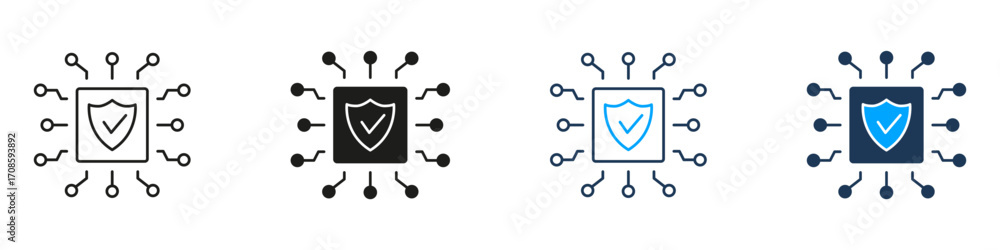 Poster cybersecurity chip line and solid icon set. digital protection and data security symbol collection. 