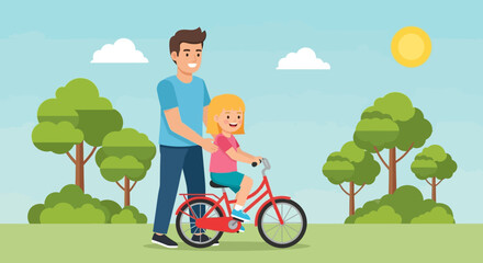 Father teaching daughter to ride bicycle in park.