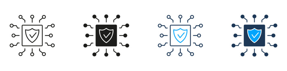 Cybersecurity Chip Line And Solid Icon Set. Digital Protection And Data Security Symbol Collection. Technology And Network Safety. Isolated Vector Illustration