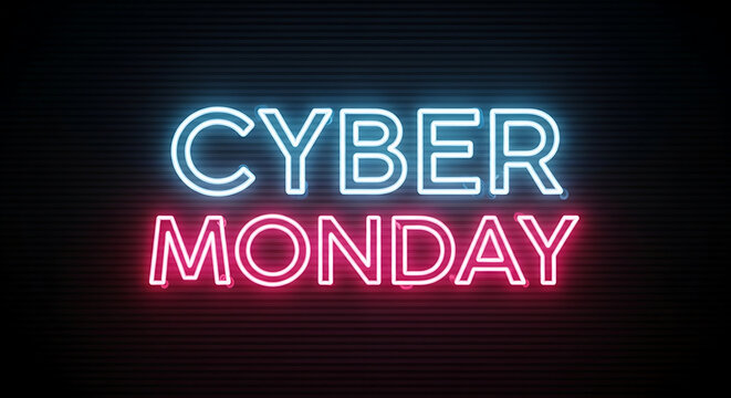 Vibrant blue and pink neon text on a dark wall, announcing a major digital sales promotion and holiday shopping event