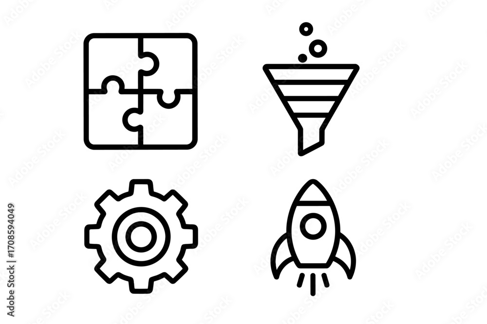 Poster business process and data analytics line icon set. vector collection with puzzle for strategy, sales