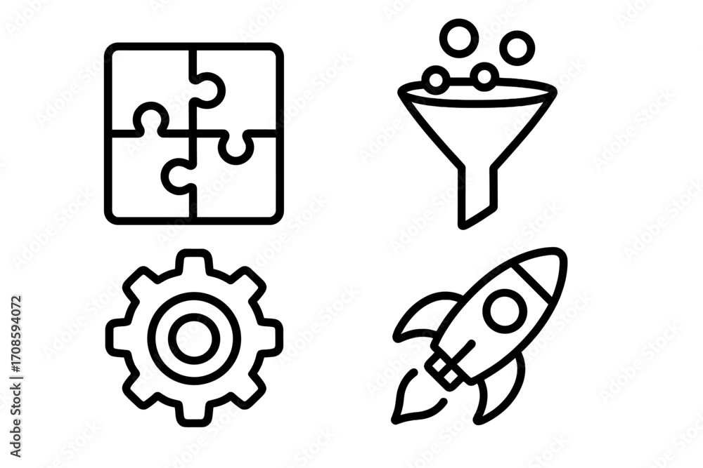 Poster data analytics and business strategy vector icon set. contains puzzle for solution, funnel for marke