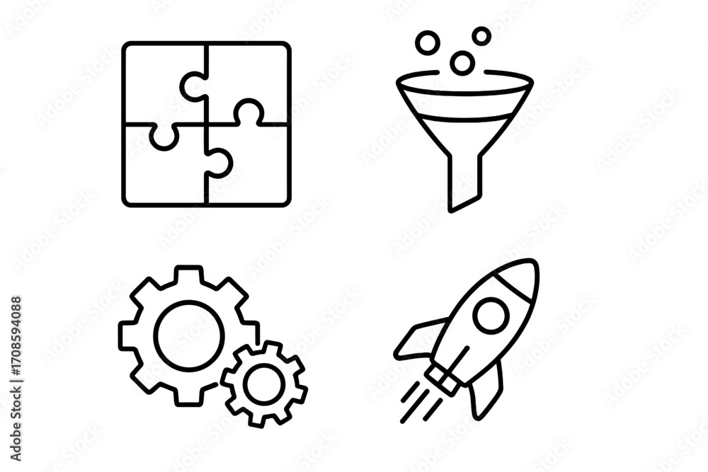 Poster data analytics icon set. simple outline icons for business strategy and development. puzzle for solu